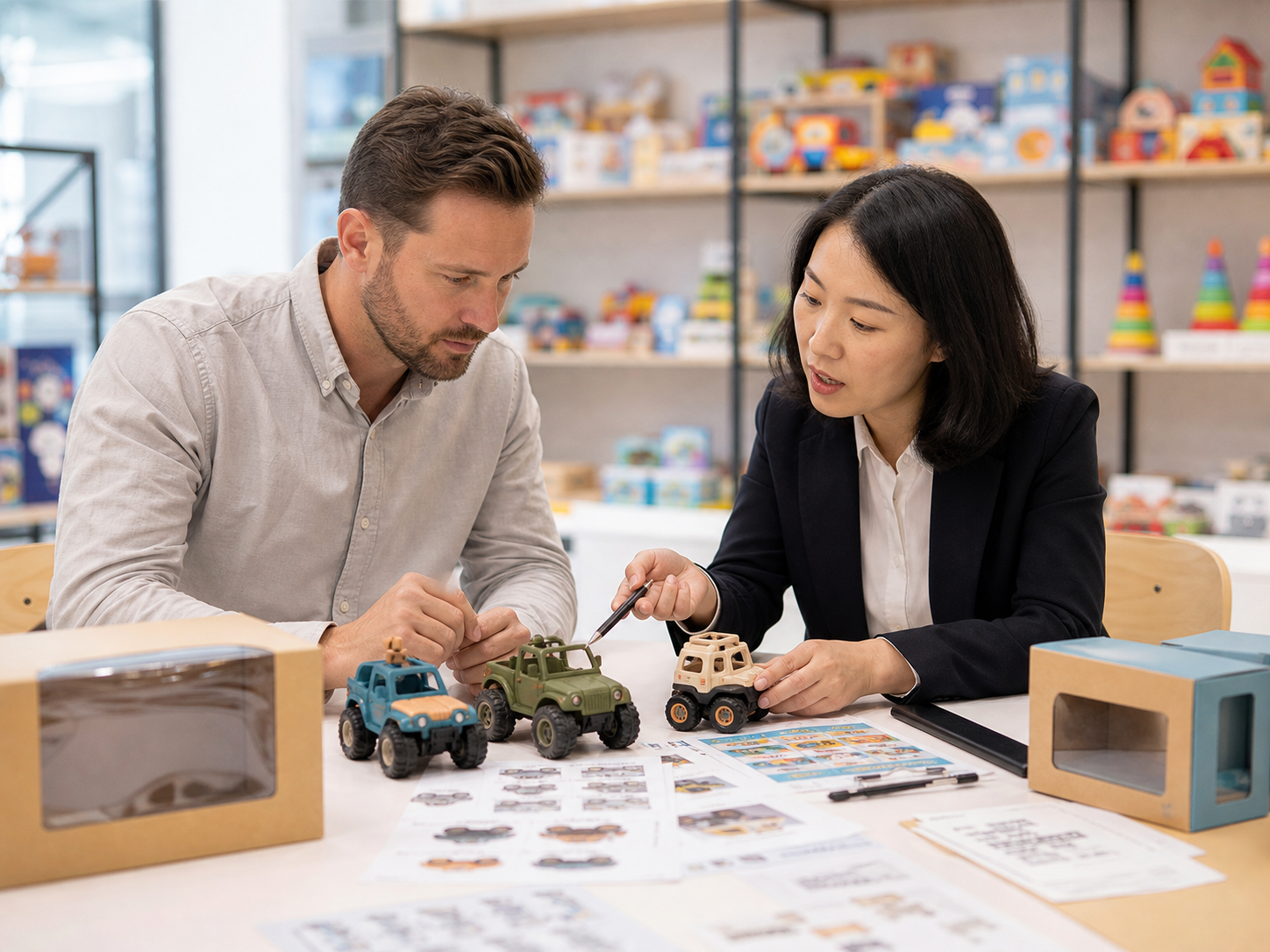 Buyer and sourcing specialist compare toy samples and specifications