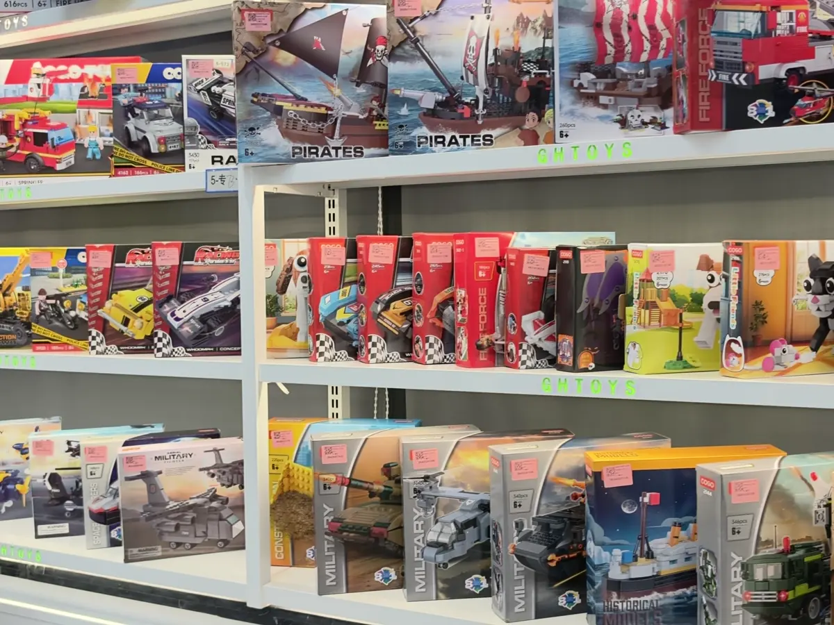 Action and blaster toy sets displayed in a Shantou showroom